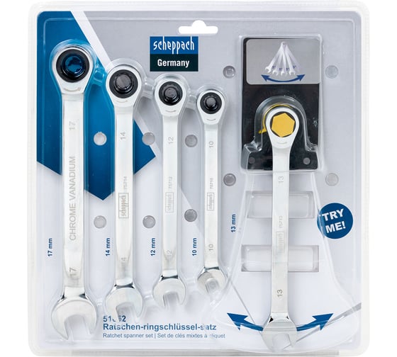 Изображение товара Ключи комбинированные трещоточные Scheppach набор 5 предметов (10, 12-14, 17 мм) Sch-51052(64816)
