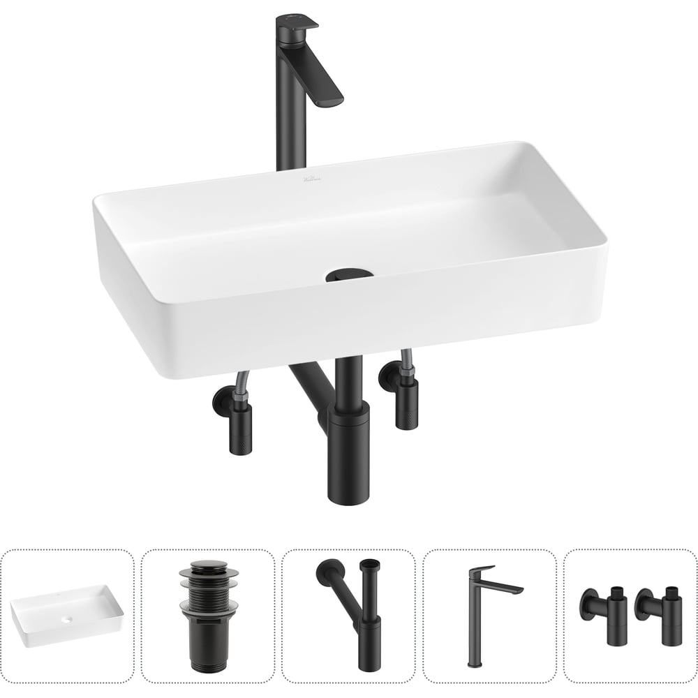 Изображение товара Набор Wellsee 5 в 1 FreeDom 2.0 накладная раковина 60x34 см с смесителем и аксессуарами