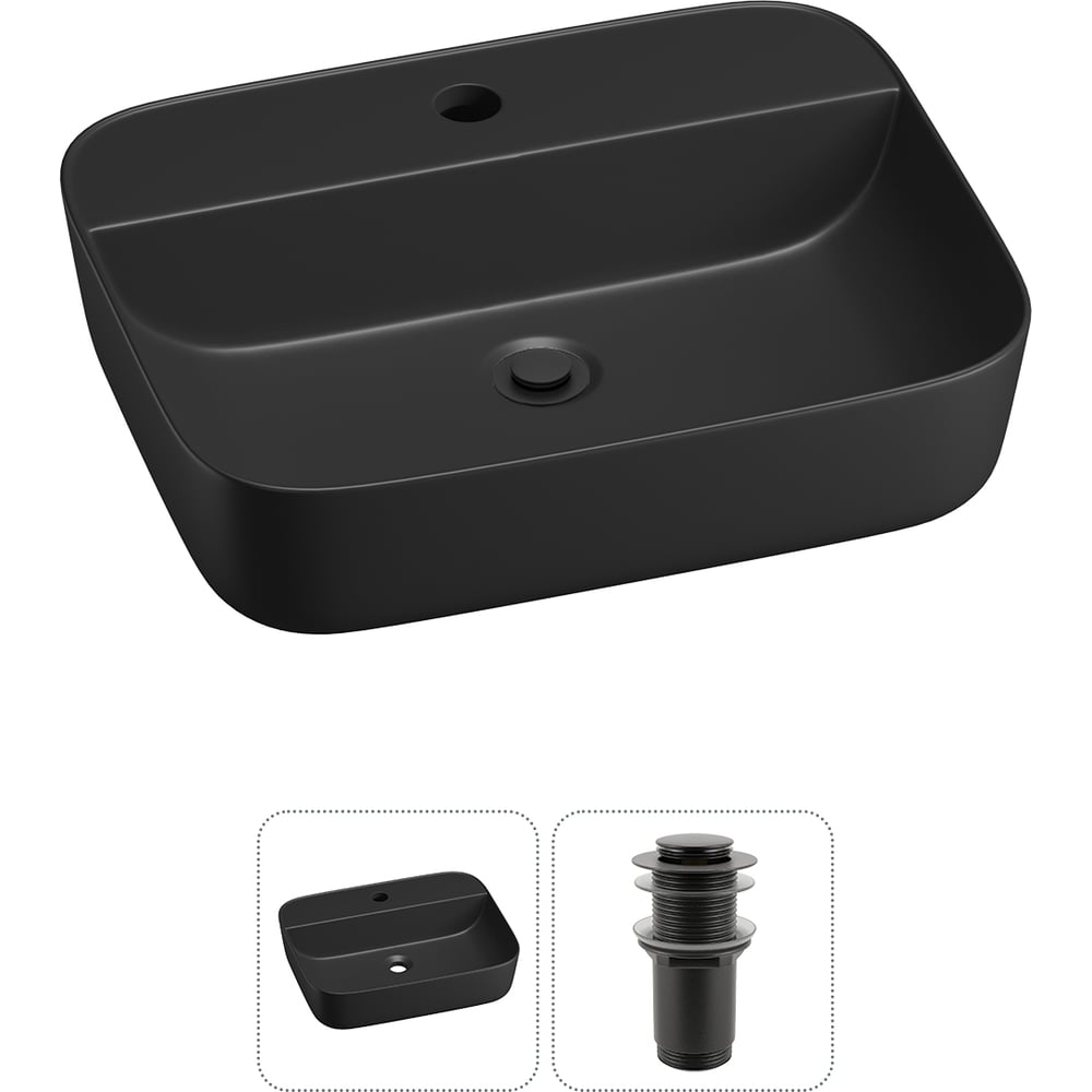 Изображение товара Накладная раковина Wellsee 50x40 см матовый черный с донным клапаном