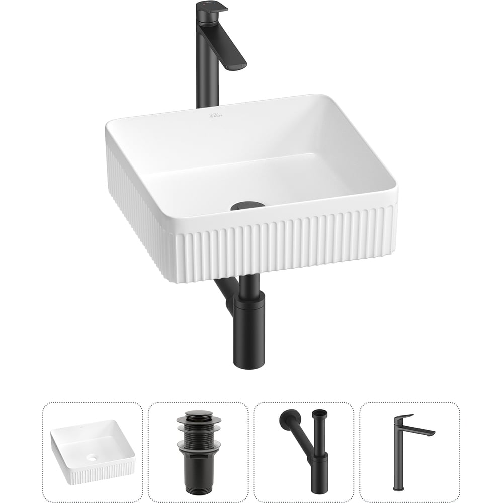 Изображение товара Набор Wellsee 4 в 1 Festive Fox 2.0 накладная раковина 36x36 см, донный клапан, сифон, смеситель20213491R