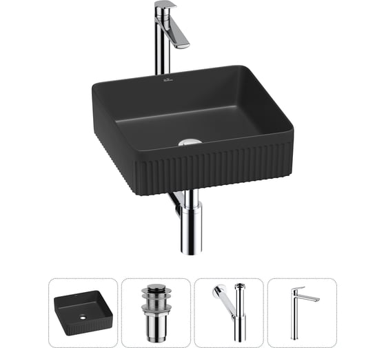 Изображение товара Набор Wellsee 4 в 1 Festive Fox 2.0 накладная раковина 36x36 см, донный клапан, сифон, смеситель 20213720R