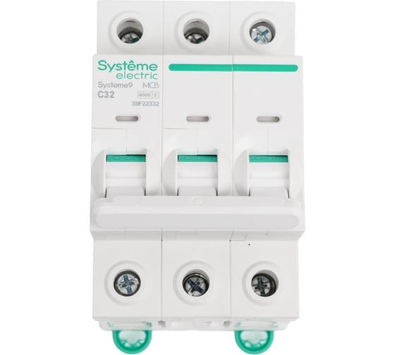 Изображение товара Автоматический выключатель (АВ) Systeme Electric Systeme9 хар-ка C, 32 A, 3 P, 6 kA, 400 В S9F22332