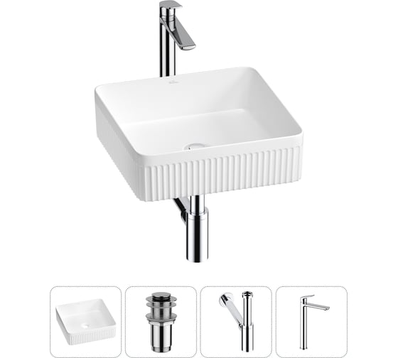 Изображение товара Набор Wellsee 4 в 1 Festive Fox 2.0 накладная раковина 40x40 см, донный клапан, сифон, смеситель 20213506R