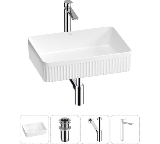 Изображение товара Набор Wellsee 4 в 1 Festive Fox 2.0 накладная раковина 50x35 см, донный клапан, сифон, смеситель 20213522R