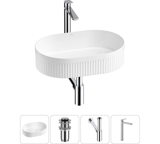 Изображение товара Набор Wellsee 4 в 1 Festive Fox 2.0 накладная раковина 50x32 см, донный клапан, сифон, смеситель 20213786R