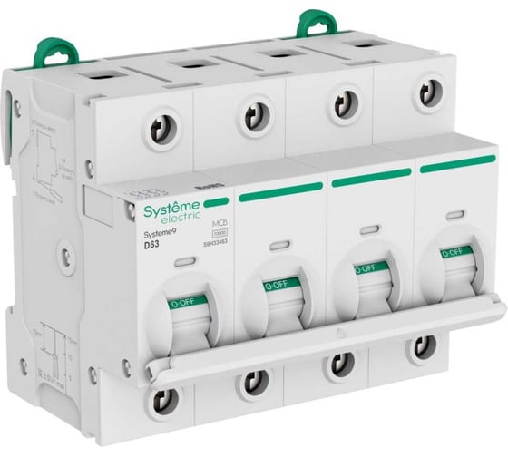 Изображение товара Автоматический выключатель (АВ) Systeme Electric Systeme9 27 мм, хар-ка D, 63 A, 4 P, 10 kA, 400 В S9H33463