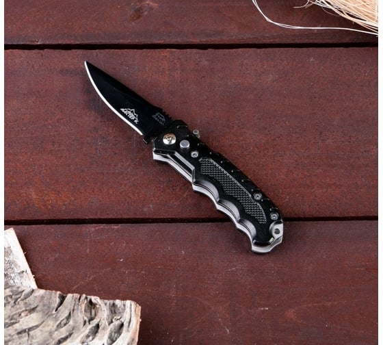 Изображение товара Складной автоматический нож Мастер К рукоятка галочки, кнопка, фонарик 288592