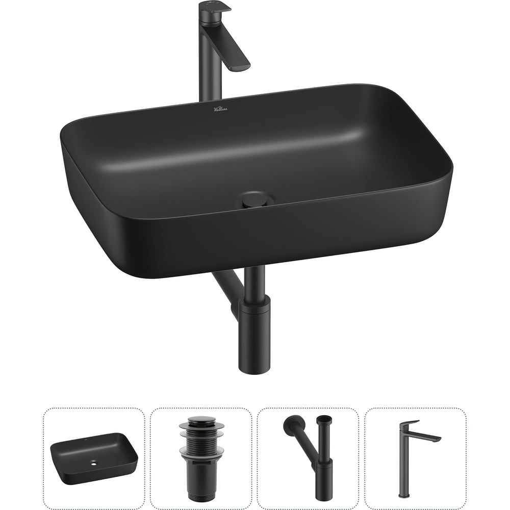 Изображение товара Набор Wellsee 4 в 1 Preen накладная раковина 50x40 см матовый черный