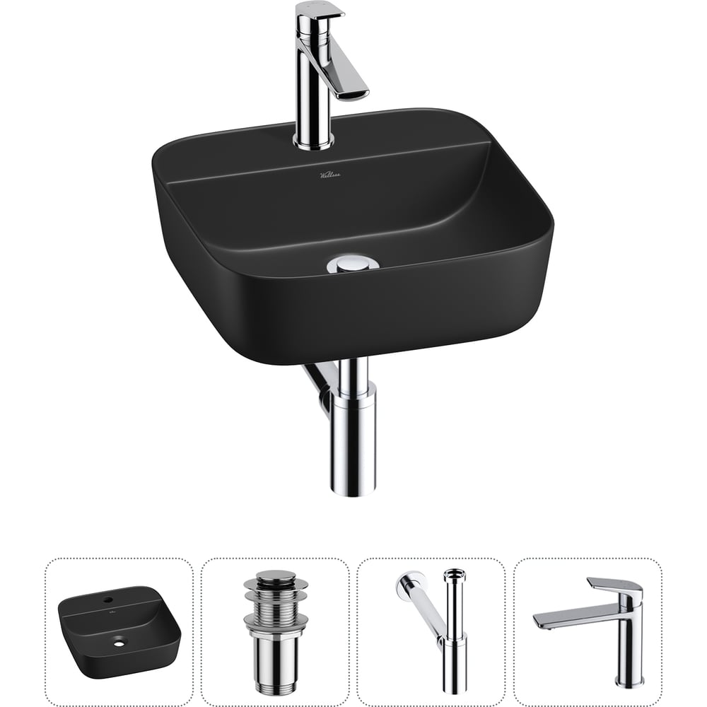 Изображение товара Набор Wellsee 4 в 1 Preen накладная раковина 40x40 см черная матовая