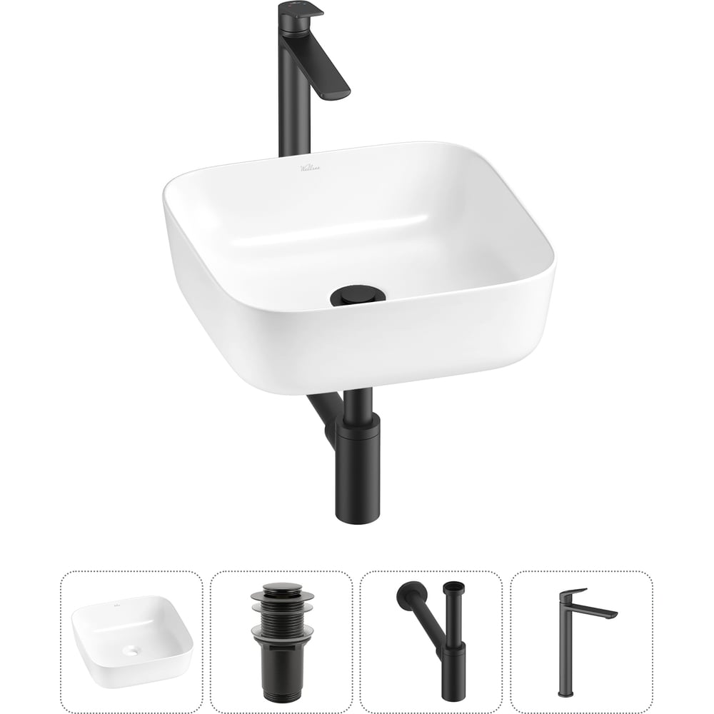 Изображение товара Набор Wellsee 4 в 1 Preen накладная раковина и смеситель 39x39 см белый