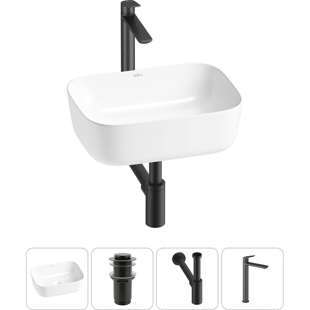 Изображение товара Набор для ванной комнаты Wellsee 4 в 1 Preen накладная раковина 40x30 см и смеситель