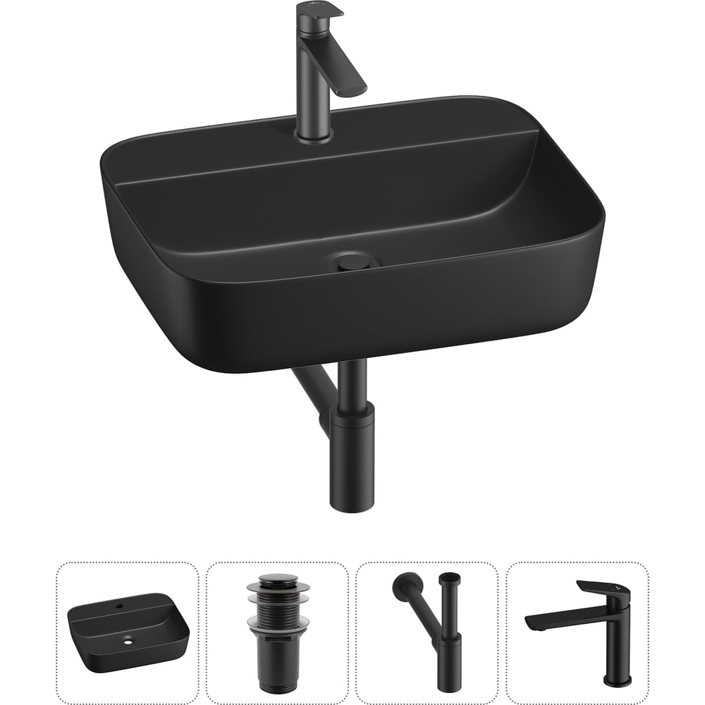 Изображение товара Набор Wellsee 4 в 1 Preen накладная раковина 50x40 см с смесителем и сифоном, матовый черный