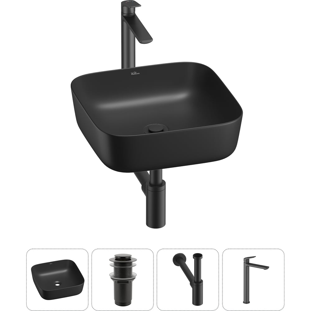 Изображение товара Набор раковина Wellsee 4 в 1 Preen 39x39 см накладной современный черный фарфор