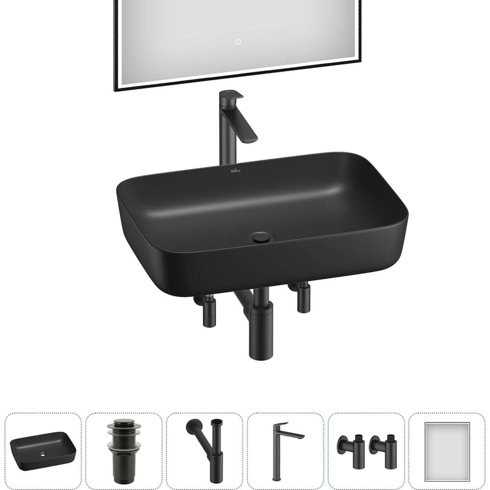 Изображение товара Набор для умывальника Wellsee 6 в 1 Preen накладная раковина 50x40 см черная
