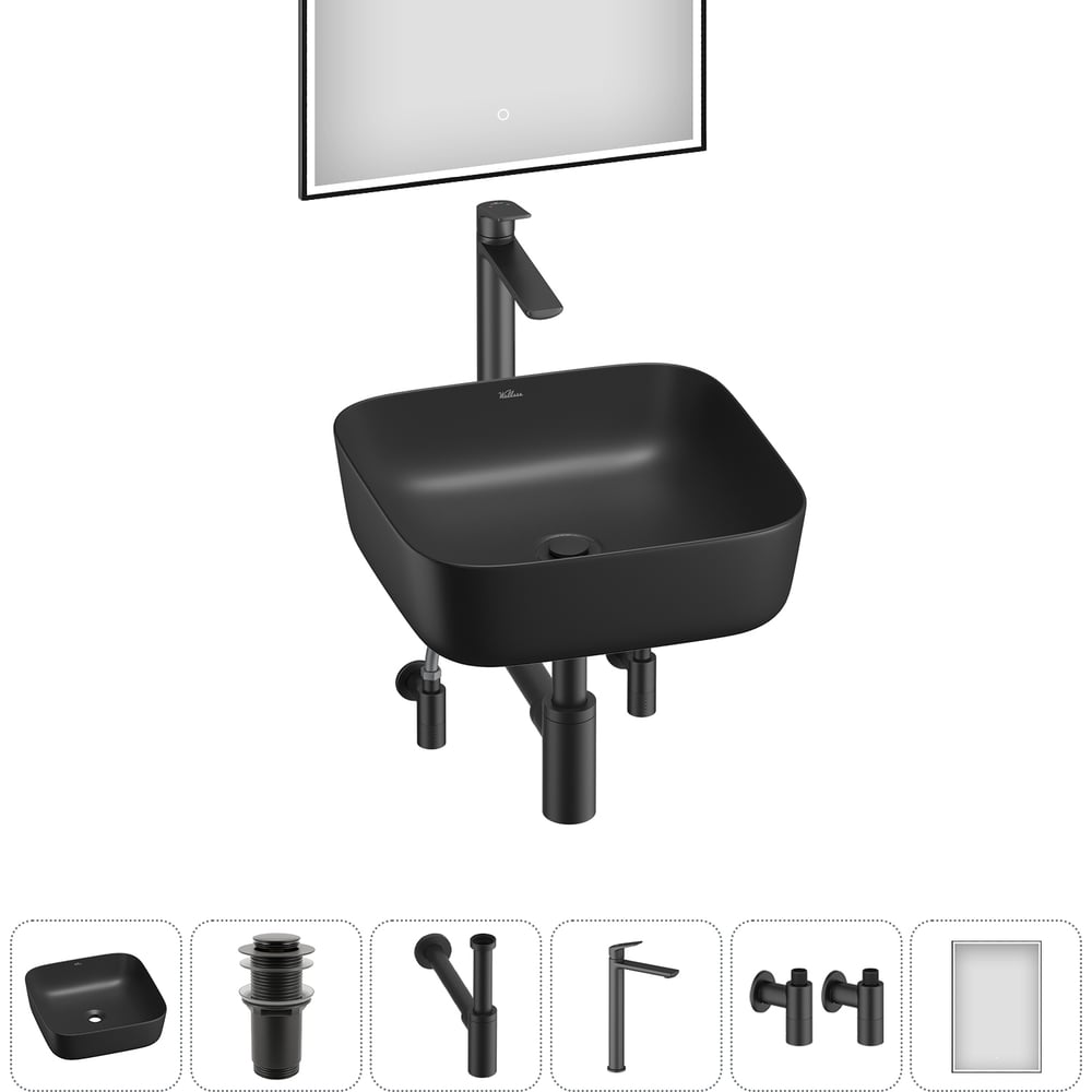 Изображение товара Набор Wellsee 6 в 1 Preen раковина с зеркалом и аксессуарами черный матовый