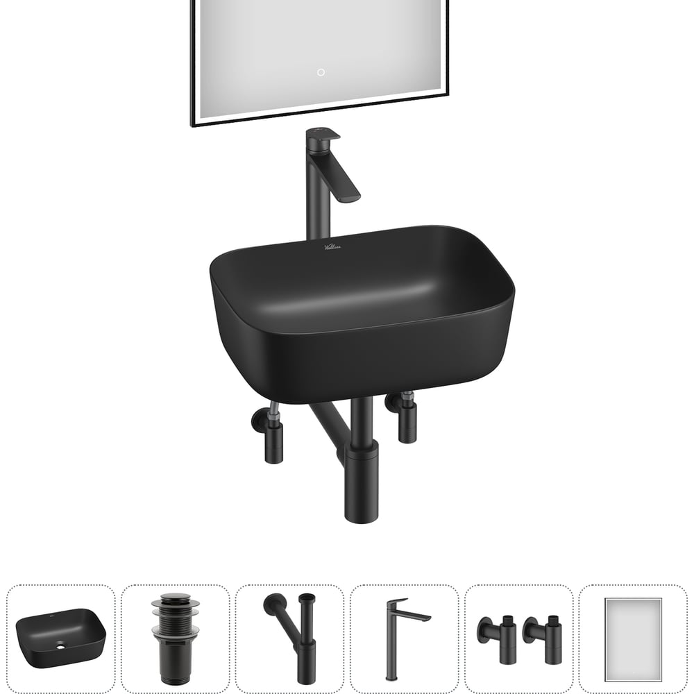 Изображение товара Набор для ванной Wellsee 6 в 1 Preen накладная раковина 40x30 см матовый черный
