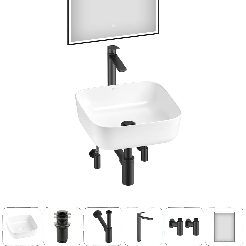 Изображение товара Набор Wellsee 6 в 1 Preen накладная раковина 39x39 см с смесителем и зеркалом