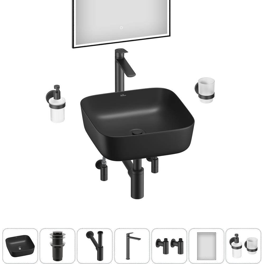 Изображение товара Набор для ванной комнаты Wellsee 7 в 1 Preen накладная раковина 39x39 см черный