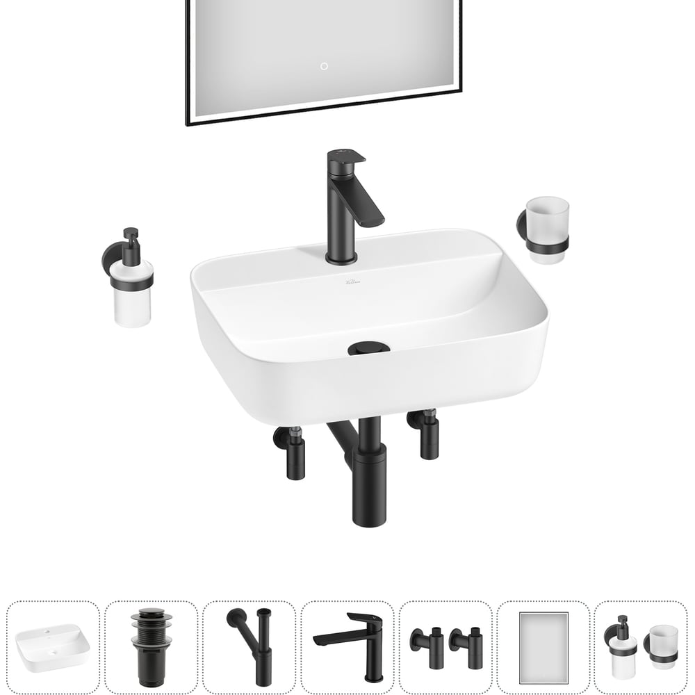 Изображение товара Набор Wellsee 7 в 1 Preen накладная раковина 50x40 см с комплектом аксессуаров и смесителем