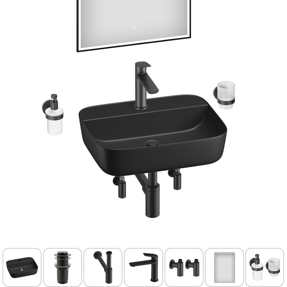 Изображение товара Набор Wellsee 7 в 1 Preen накладная раковина 50х40 см матовый черный