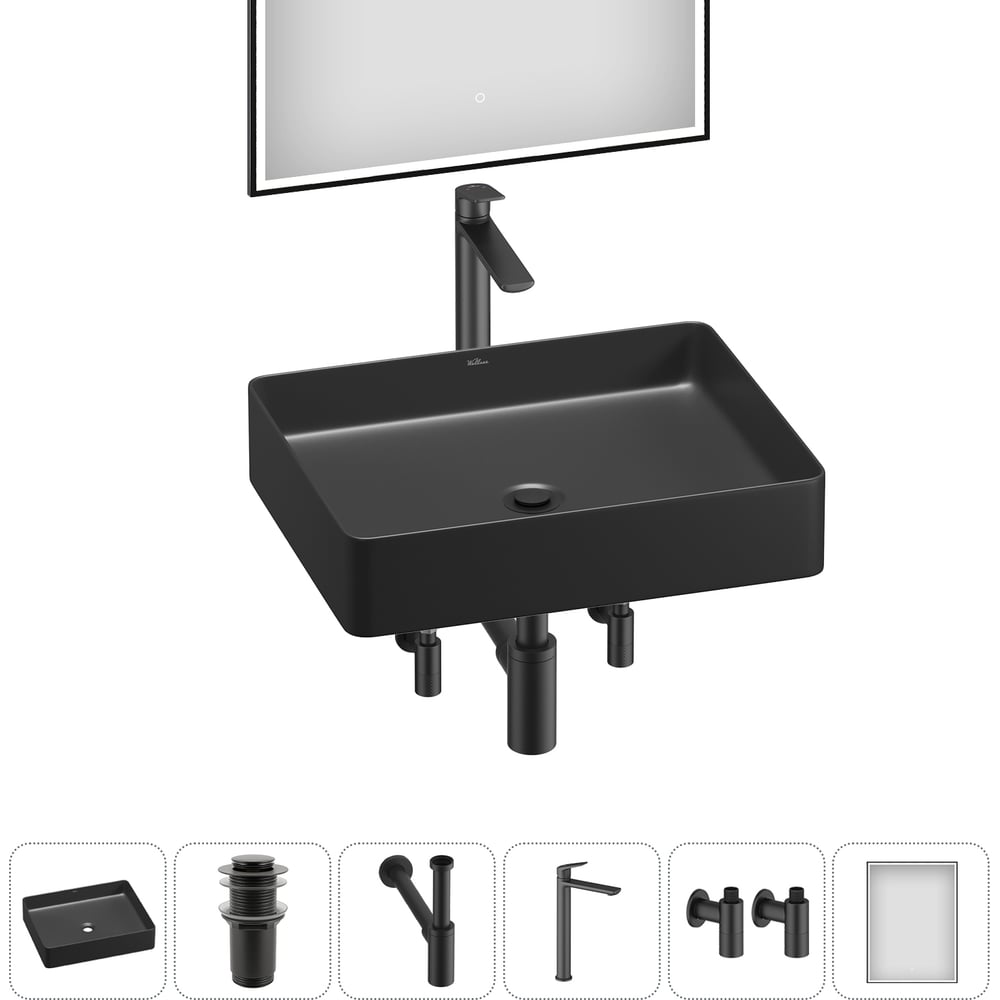 Изображение товара Набор ванны Wellsee 6 в 1 FreeDom 2.0 накладная раковина черная зеркало монтаж