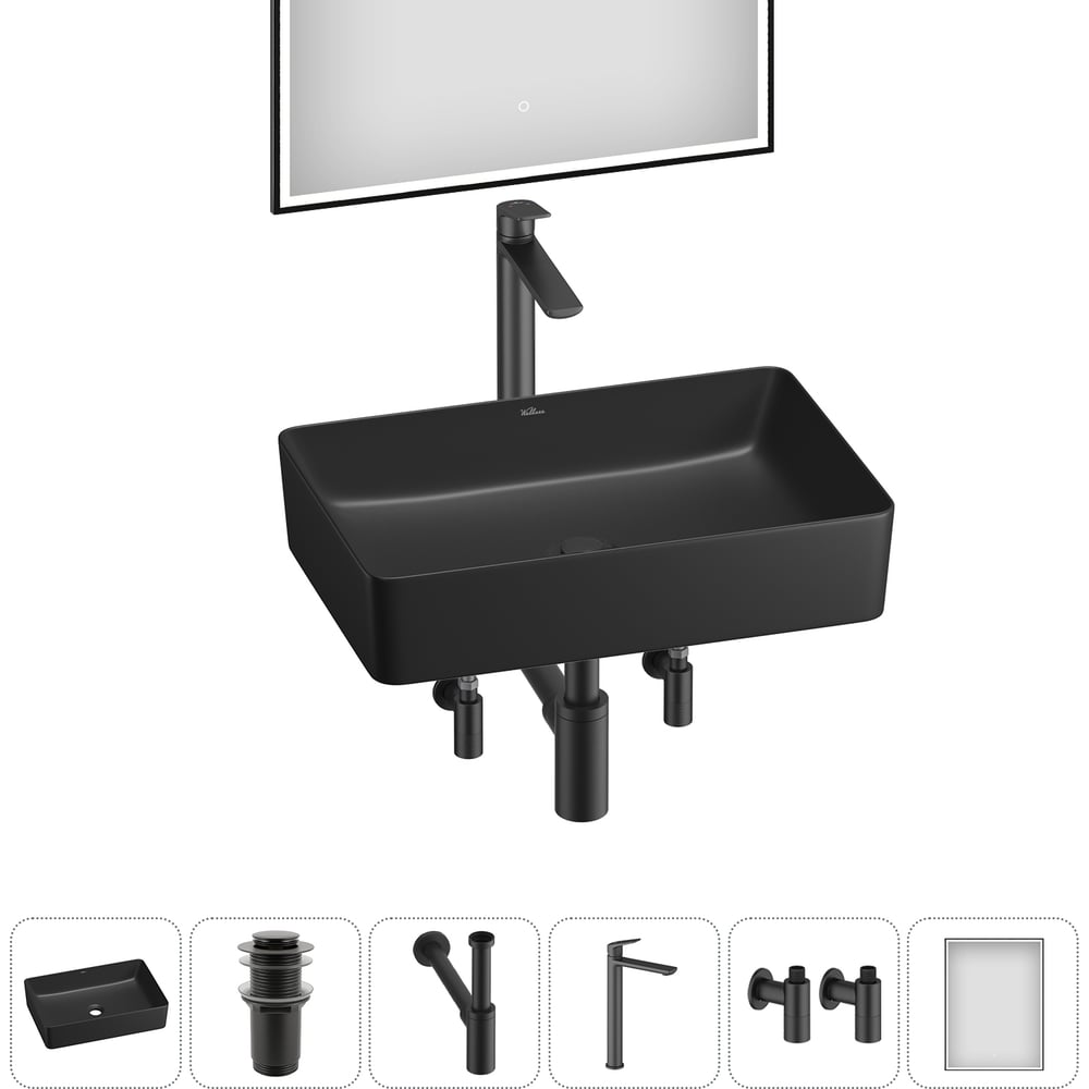 Изображение товара Набор для ванной Wellsee 6 в 1 FreeDom 2.0 накладная раковина с зеркалом матовый черный