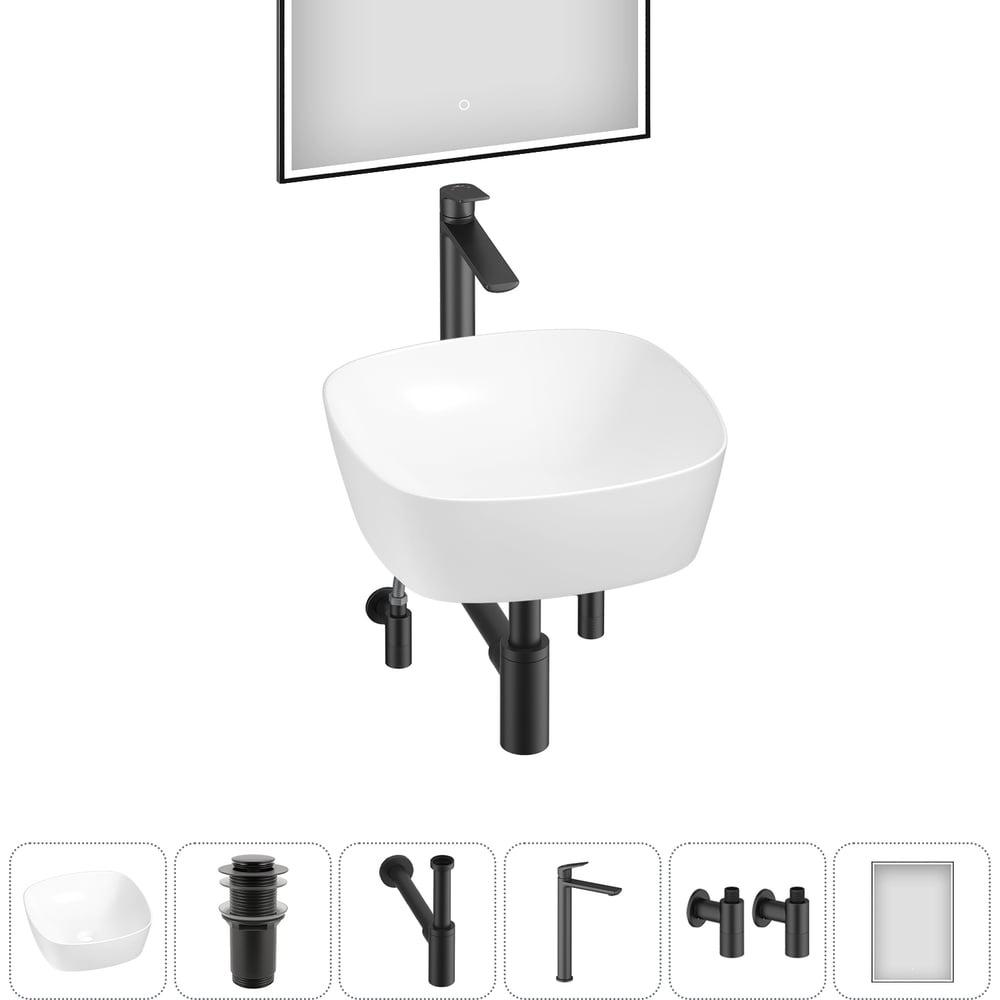 Изображение товара Набор накладной раковины Wellsee 6 в 1 Ground Breaking 40х40 см с зеркалом и смесителем