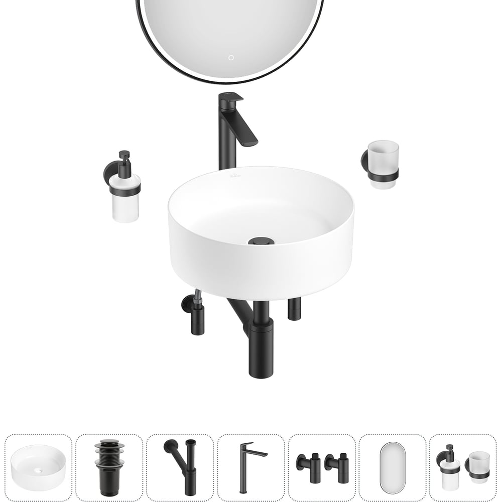 Изображение товара Набор Wellsee 7 в 1 Belle Spa накладная раковина 38x38 см белый и черный