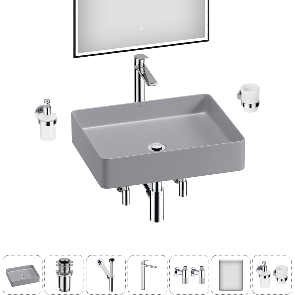 Изображение товара Набор Wellsee 7 в 1 FreeDom 2.0 раковина комплект для ванной современный стиль матовый серый фарфор