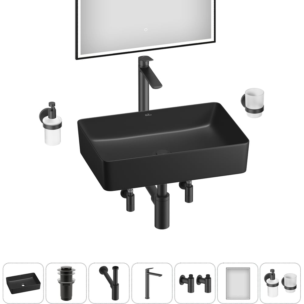 Изображение товара Набор Wellsee 7 в 1 FreeDom 2.0 накладная раковина 50x34 см черный фарфор