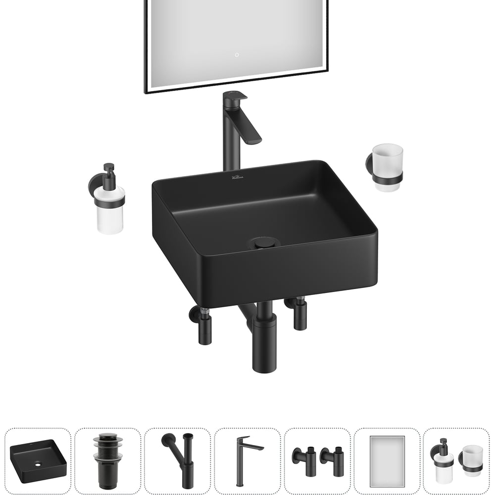 Изображение товара Набор для ванной Wellsee 7 в 1 FreeDom 2.0 накладная раковина и аксессуары черный