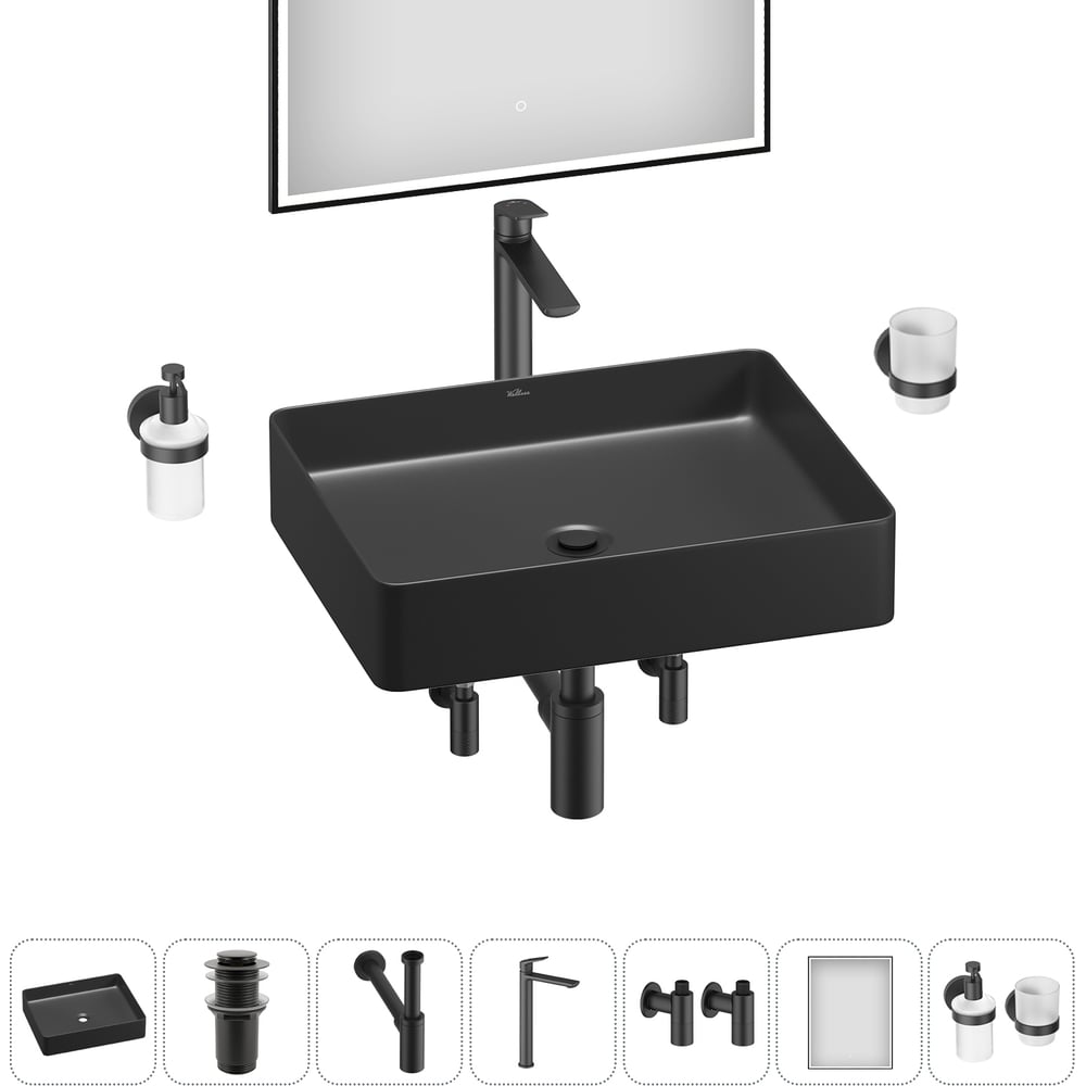 Изображение товара Набор для раковины Wellsee 7 в 1 FreeDom 2.0 накладная с зеркалом мода черный