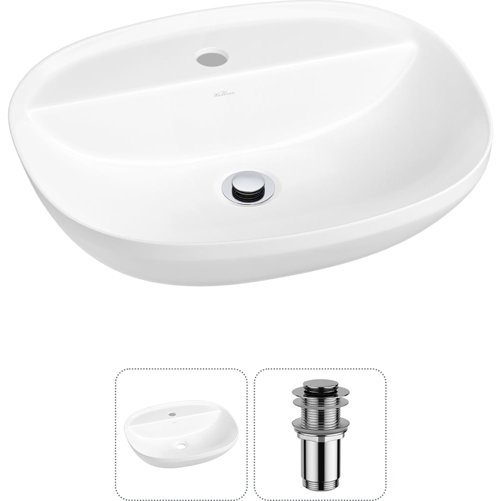 Изображение товара Набор раковина Wellsee 2 в 1 Cute Twin R накладная 50x42 см с донным клапаном