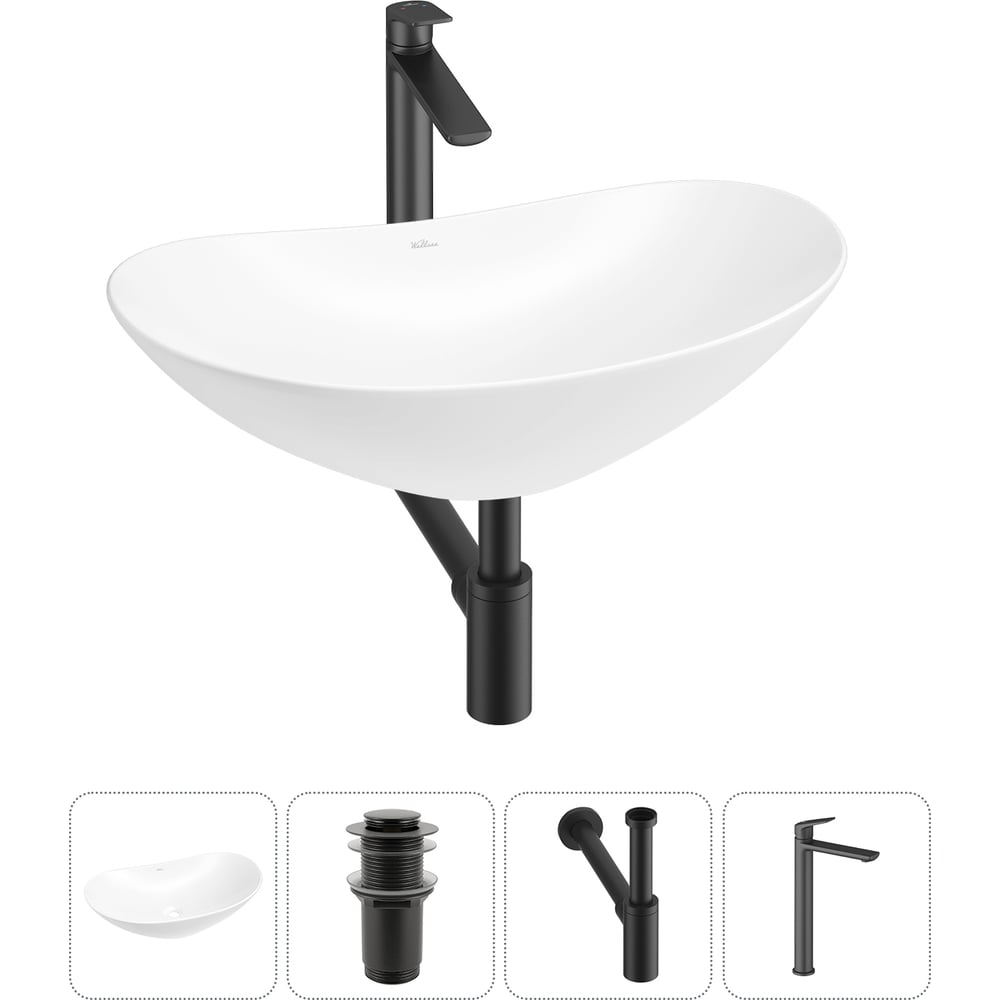 Изображение товара Набор раковина с смесителем Wellsee Carefree Dove 53x33 см глянец белый черные аксессуары