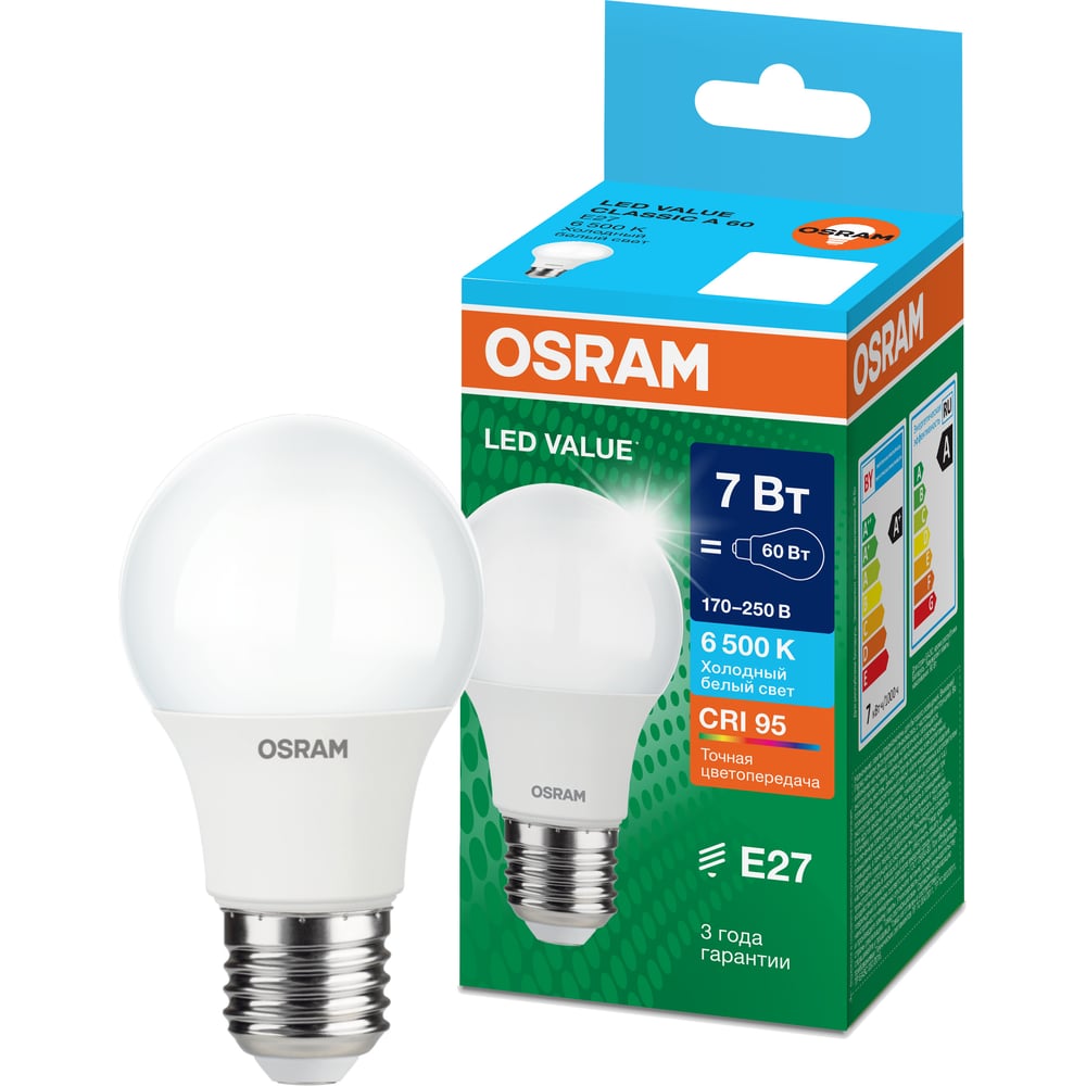 Изображение товара Лампа светодиодная Osram LED Value A E27 700лм 7Вт замена 60Вт 6500К холодный белый свет 4058075578791 Изображение товара Лампа светодиодная Osram LED Value A E27 700лм 7Вт замена 60Вт 6500К холодный белый свет 4058075578791