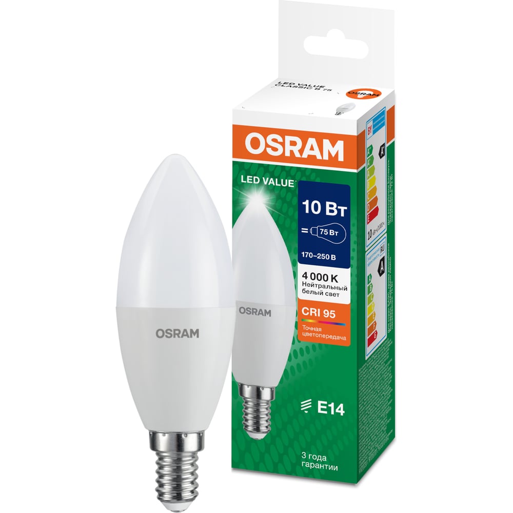 Изображение товара Лампа светодиодная Osram LED Value B E14 1000лм 10Вт замена 75Вт 4000К нейтральный белый свет 4058075579187 Изображение товара Лампа светодиодная Osram LED Value B E14 1000лм 10Вт замена 75Вт 4000К нейтральный белый свет 4058075579187
