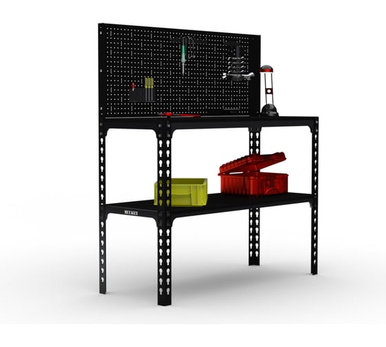 Изображение товара Стол-верстак ООО Металекс 950x1200x400 (одна полка) + перфопанель с комплектом аксессуаров (чёрный) / 117192