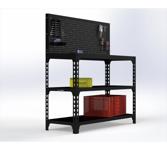 Изображение товара Стол-верстак ООО Металекс 950x1300x400 (две полки) + перфопанель с комплектом аксессуаров (чёрный) / 117220