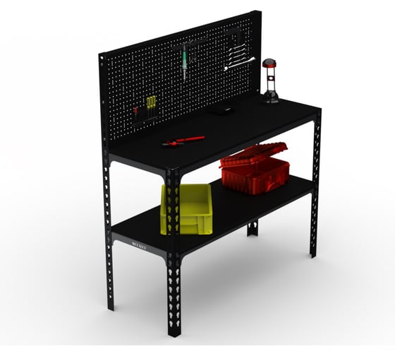 Изображение товара Стол-верстак ООО Металекс 950x1600x600 (одна полка) + перфопанель с комплектом аксессуаров (чёрный) / 117214