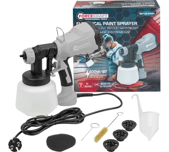 Изображение товара Краскопульт ручной электрический FORCEKRAFT (230В, 400Вт, объем бачка 1л, макс.расход краски 800мл/мин) FK-SG100-640H(65060)