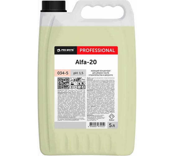 Изображение товара Моющий концентрат PRO-BRITE ALFA-20 для уборки после строительства и ремонта 5 л 034-5