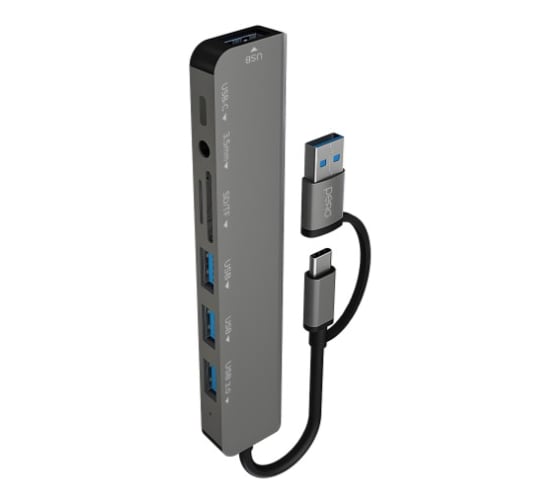 Изображение товара Мульти Хаб PERO MH07, USB-С/USB-A TO SD + TF + AUX 3.5 MM + USB-C + USB 3.0 + 3xUSB 2.0, серый MH07GR
