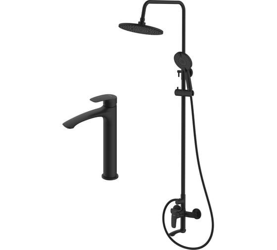 Изображение товара Комплект смесителей Milardo Rora 2 в 1: душевая система с тропическим душем с изливом и смеситель для настольного умывальника, черный матовый, ROR0004M70