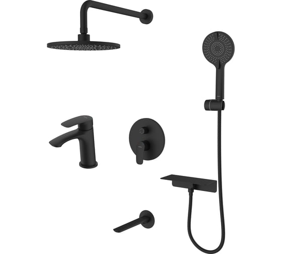 Изображение товара Комплект смесителей Milardo Rora 2 в 1: душевая система с изливом и смеситель для умывальника, черный матовый, ROR0003M70