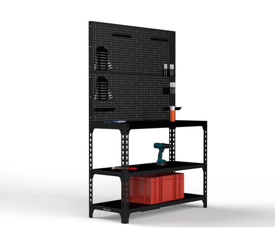 Изображение товара Стол-верстак ООО Металекс 950x1500x500, две полки + двойная перфопанель с комплектом аксессуаров, чёрный, 117285