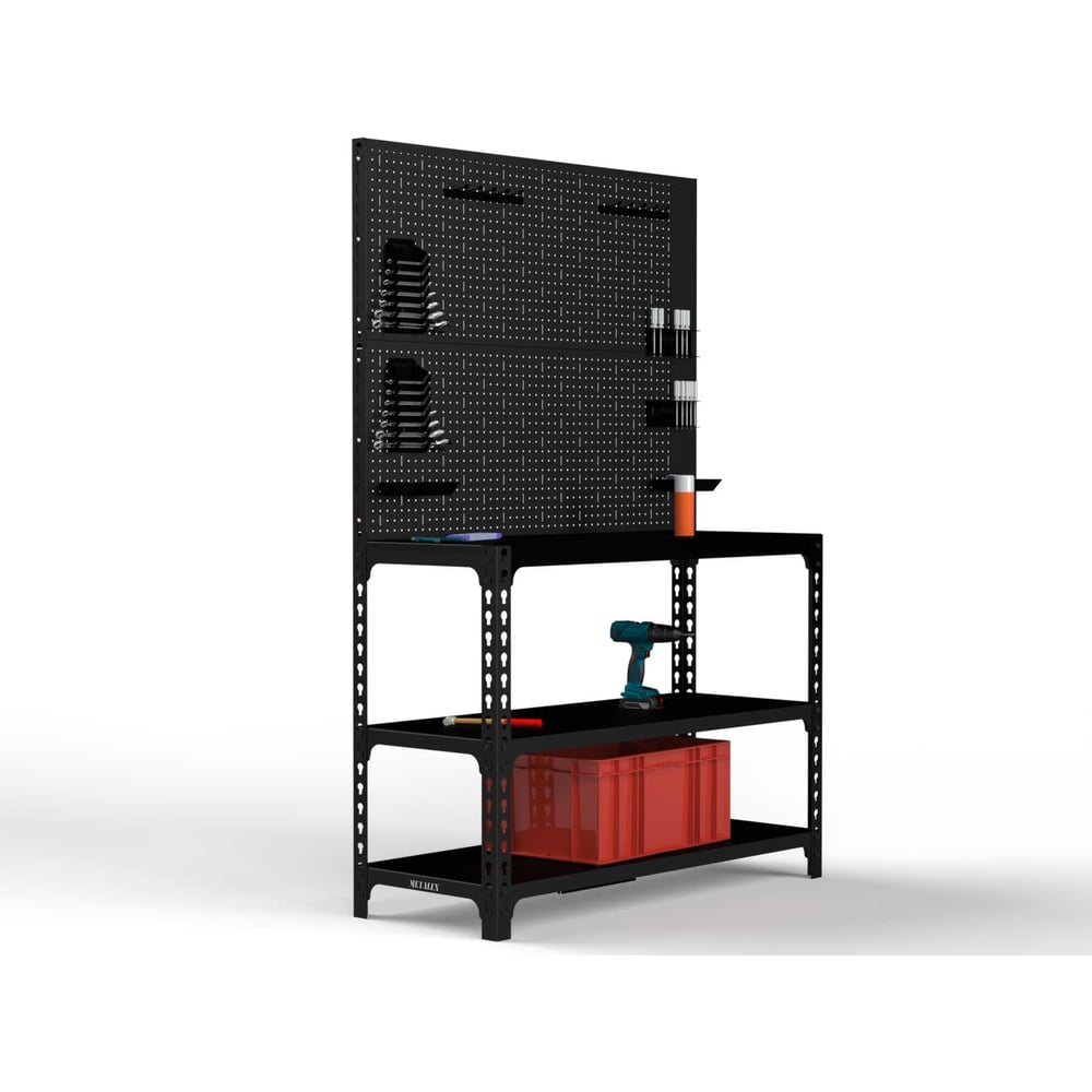 Изображение товара Стол-верстак ООО Металекс 950x1600x400 с двумя полками и перфопанелью черный Изображение товара Стол-верстак ООО Металекс 950x1600x400 с двумя полками и перфопанелью черный