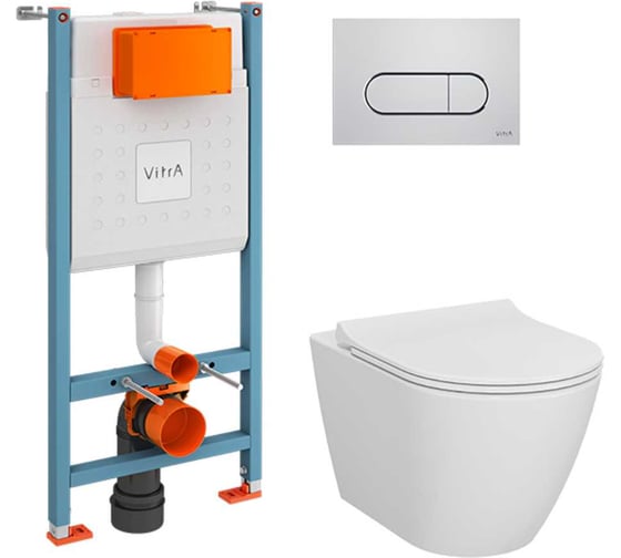 Изображение товара Комплект: Безободковый подвесной унитаз VITRA Sanibelle, кнопка хром 9878B003-7200