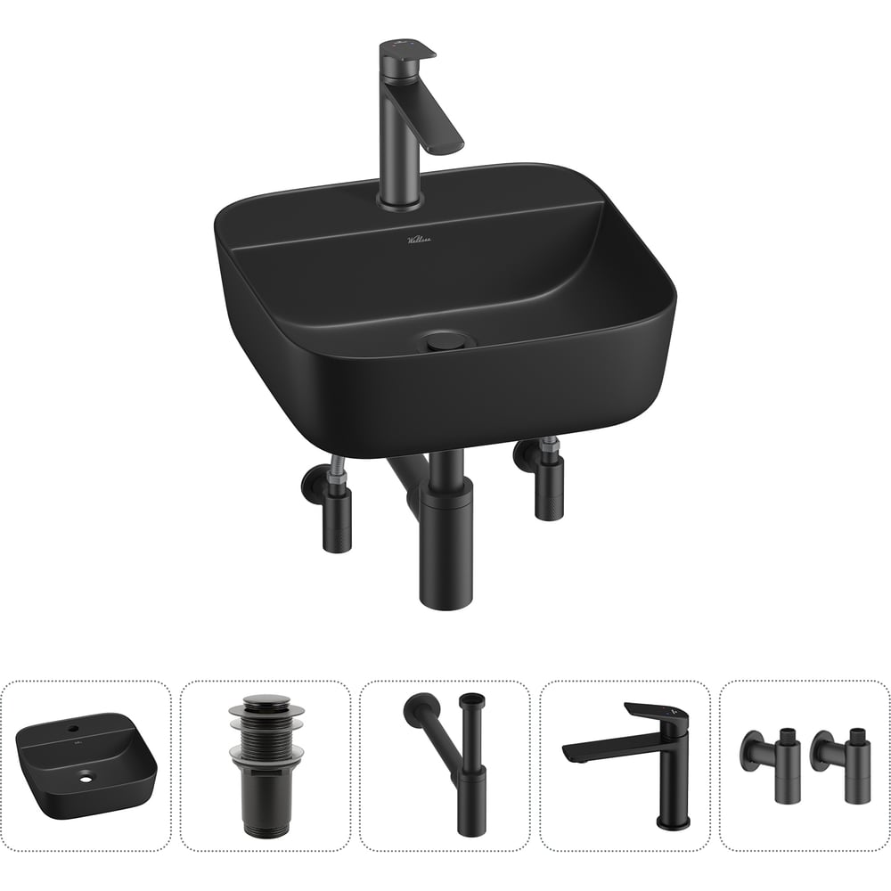 Изображение товара Набор Wellsee 5 в 1 Preen накладная раковина 40x40 см с смесителем и аксессуарами, современный диза