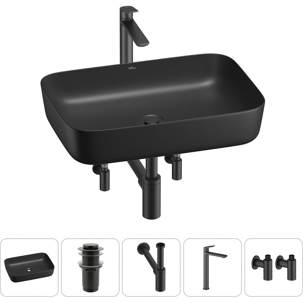 Изображение товара Набор для ванной Wellsee 5 в 1 Preen накладная раковина 50x40 см матовый черный