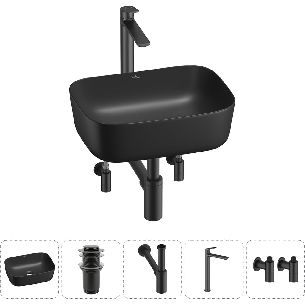 Изображение товара Набор для ванной комнаты Wellsee 5 в 1 Preen накладная раковина 40x30 см черная